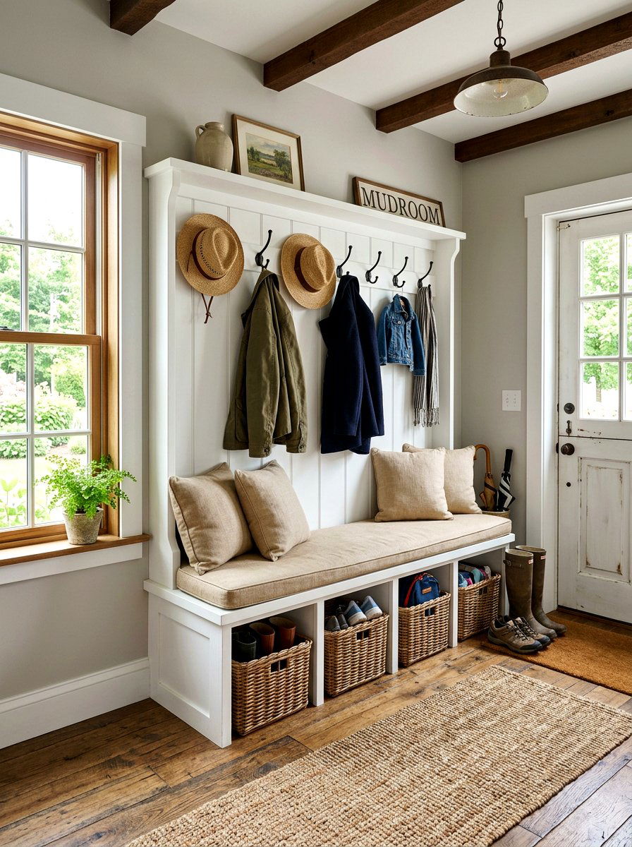 Farmhouse Lobby Mudroom Bench - 25 Spring Lobby Decor Ideas