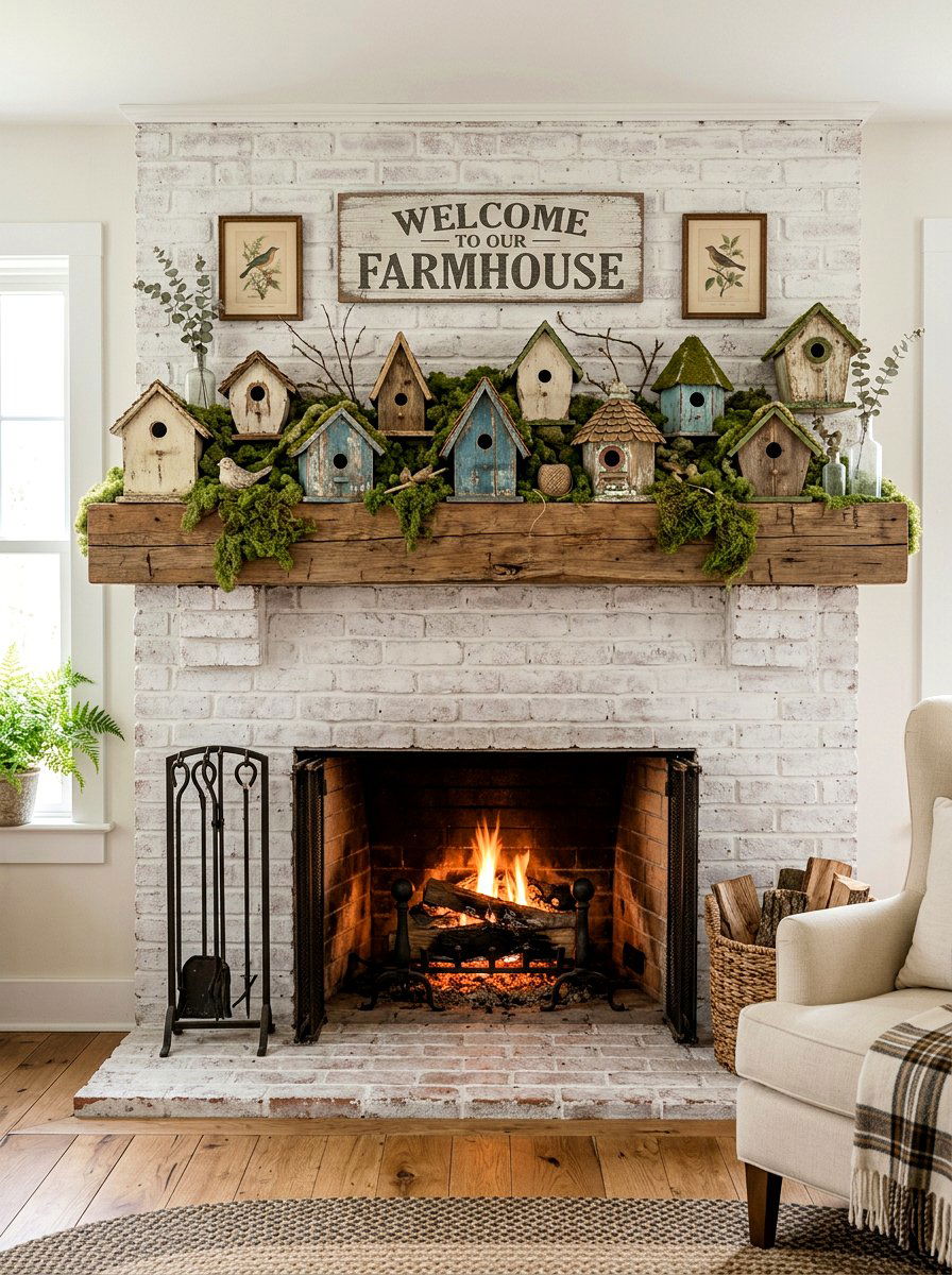 Farmhouse Mantel Birdhouse Display - 25 Spring Farmhouse Decor Ideas