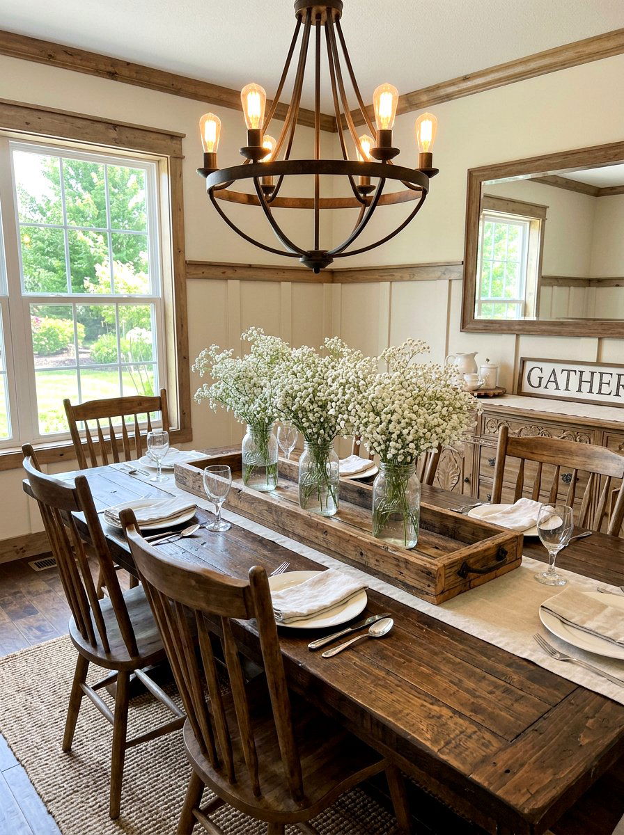 Farmhouse Mason Jar Tray With Babys Breath - 25 Spring Mason Jar Flower Ideas