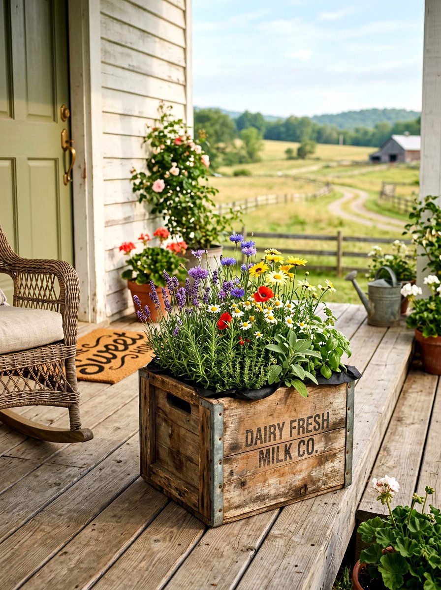Farmhouse Milk Crate Planter - 25 Spring Sidewalk Planter Ideas