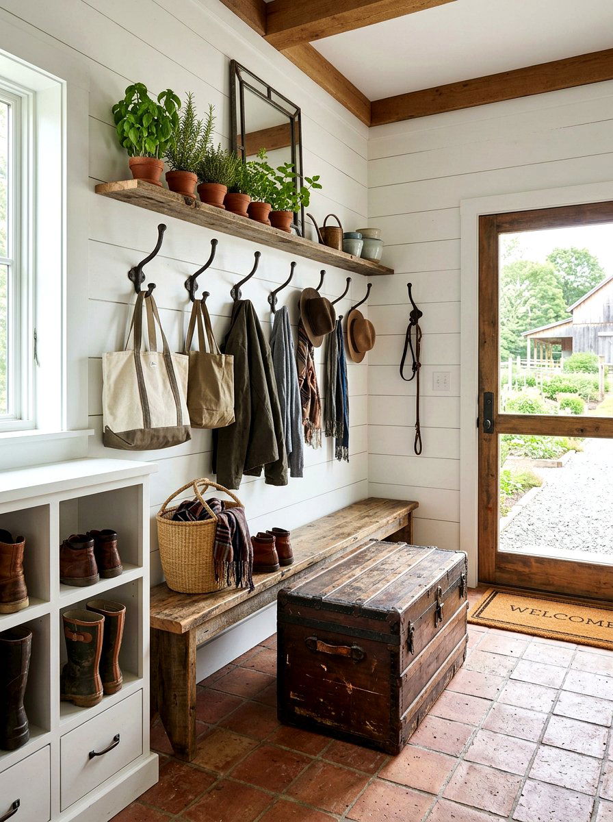 Farmhouse Mudroom Storage - 25 Spring Rustic Decor Ideas