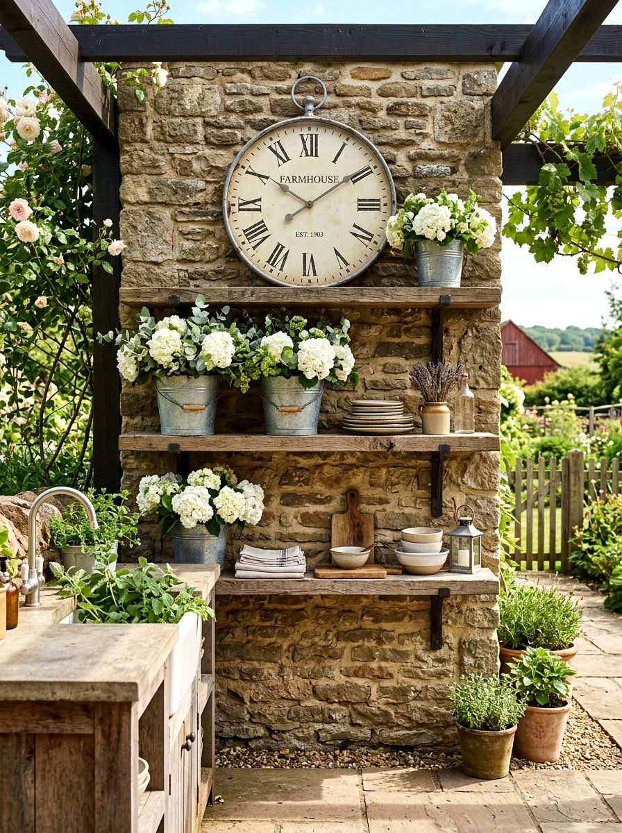 Farmhouse Open Shelving - 25 Spring Outdoor Shelf Decor Ideas
