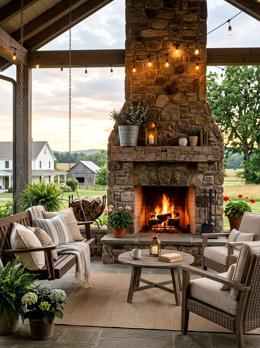 Farmhouse Outdoor Fireplace Lounge - 25 Spring Outdoor Fireplace Decor Ideas