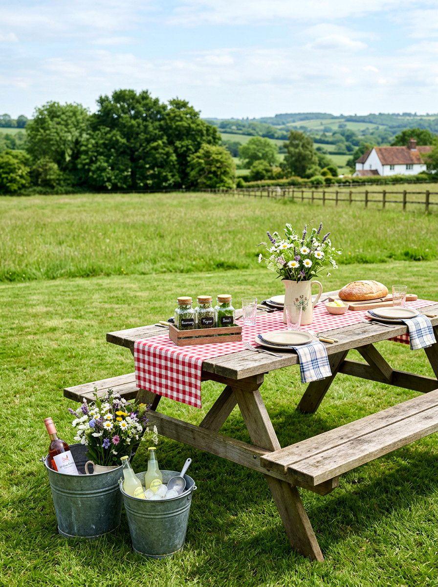 Farmhouse Picnic Table Setup - 25 Spring Outdoor Dining Table Decor Ideas
