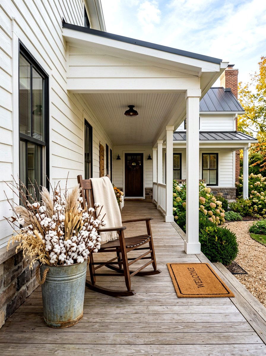 Farmhouse Porch Cotton Stem Bucket - 25 Spring Cotton Stem Decor Ideas