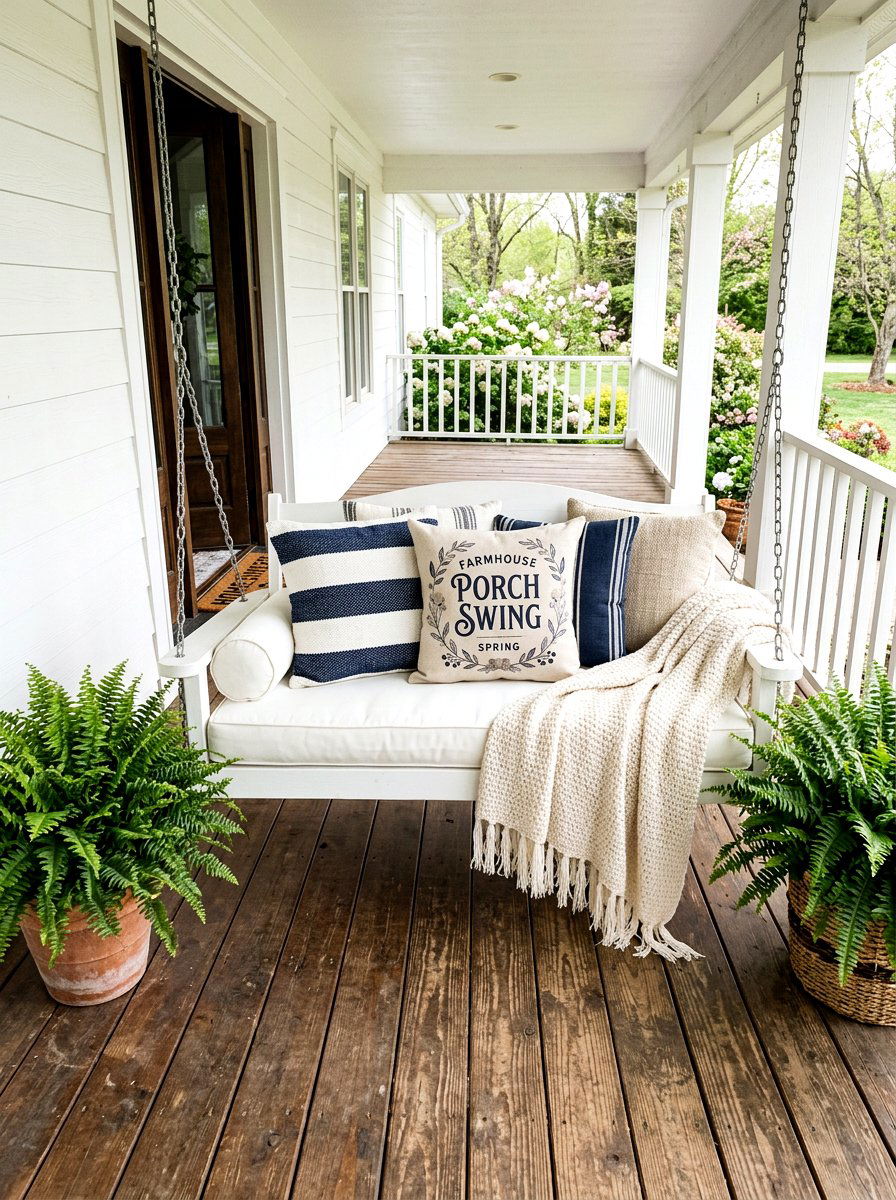 Farmhouse Porch Swing Spring Pillows - 25 Spring Farmhouse Decor Ideas