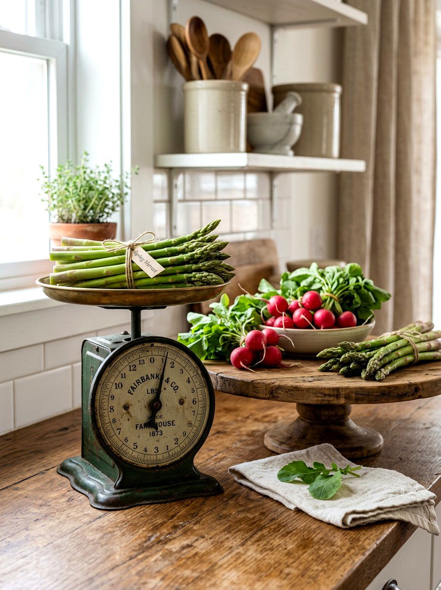 Farmhouse Scale And Spring Produce - 25 Spring Cake Stand Decor Ideas