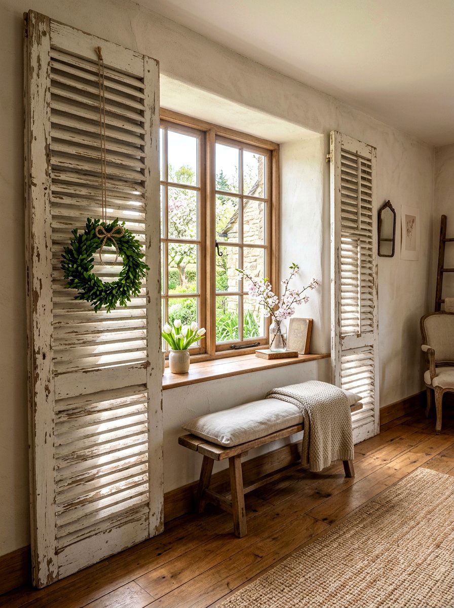 Farmhouse Shutter Window Decor - 25 Spring Window Frame Decor Ideas
