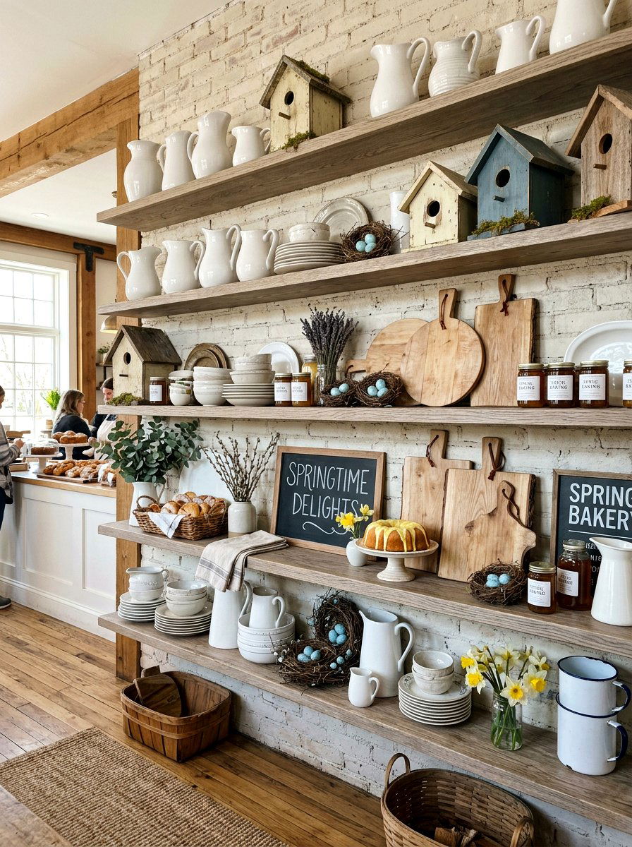 Farmhouse Spring Bakery Shelving - 25 Spring Bakery Decor Ideas