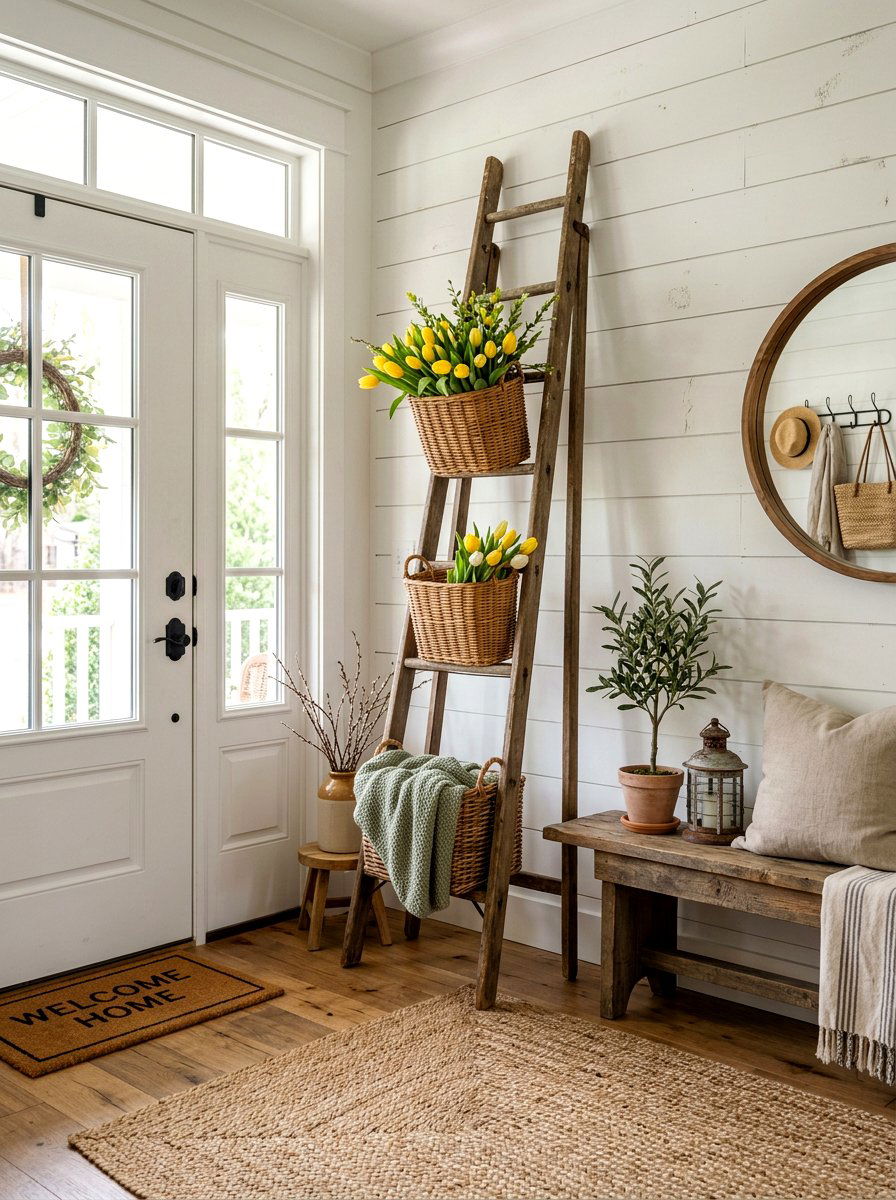 Farmhouse Spring Entryway - 25 Spring Ladder Decor Ideas