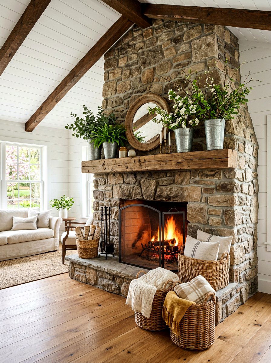 Farmhouse Spring Hearth - 25 Spring Stone Fireplace Decor Ideas