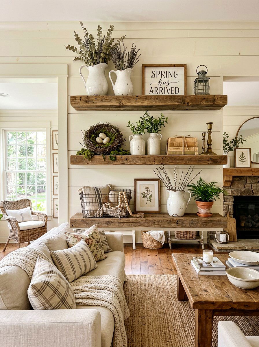 Farmhouse Spring Shelf Decor - 25 Spring Floating Shelf Decor Ideas
