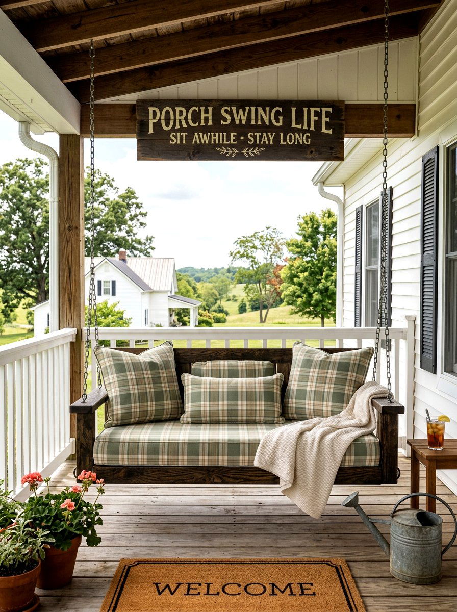 Farmhouse Style Porch Swing Plaid - 25 Spring Garden Swing Decor Ideas