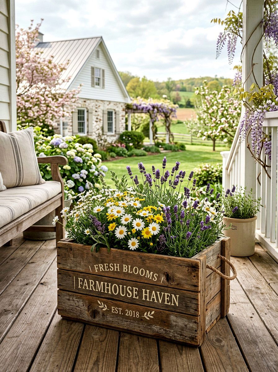 Farmhouse Style Wooden Crate - 25 Spring Curbside Planter Ideas