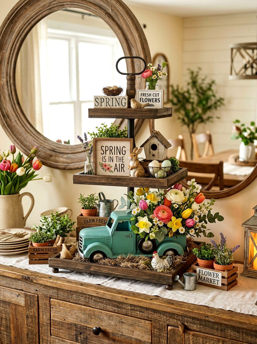 Farmhouse Truck - 25 Spring Tiered Tray Decor Ideas