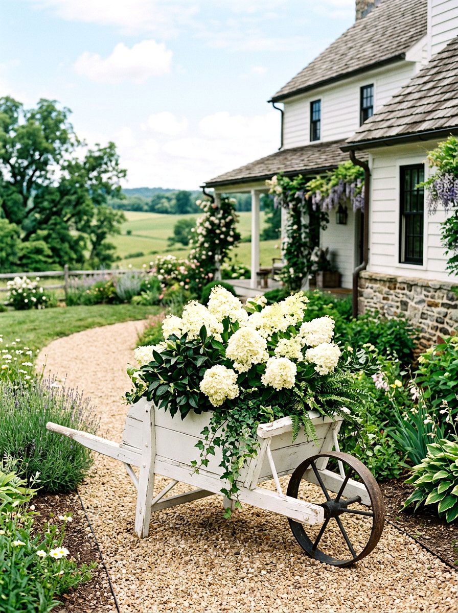 Farmhouse White Wheelbarrow - 25 Spring Wheelbarrow Planter Ideas