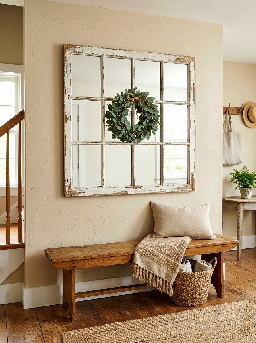 Farmhouse Windowpane Mirror - 25 Spring Foyer Mirror Ideas