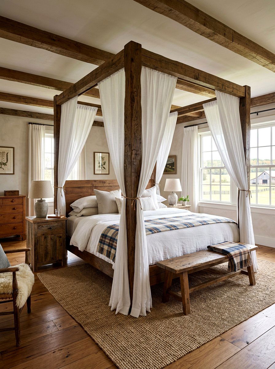 Farmhouse Wooden Bed - 25 Spring Canopy Bed Decor Ideas