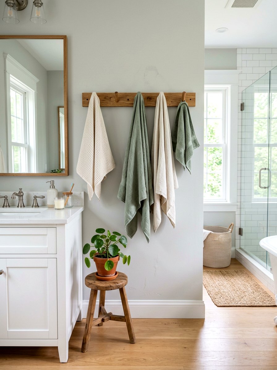 Farmhouse Wooden Peg Rail - 25 Spring Towel Rack Decor Ideas