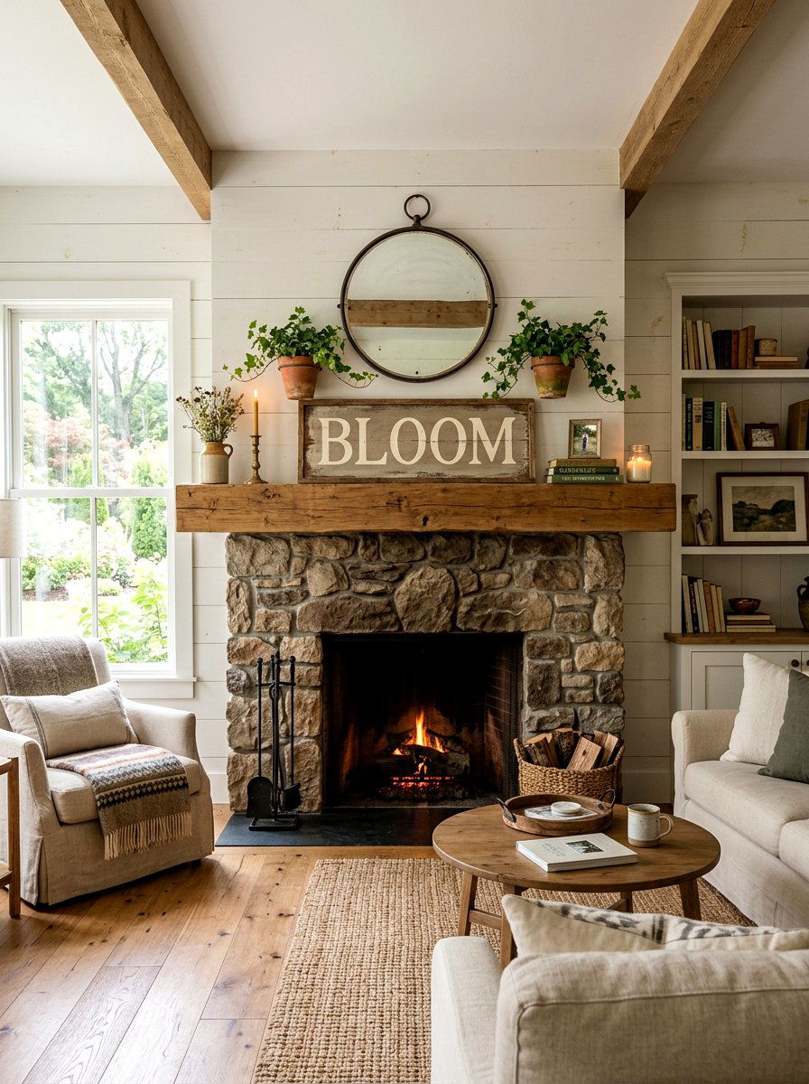 Farmhouse Wooden Sign - 25 Spring Living Room Mantel Ideas