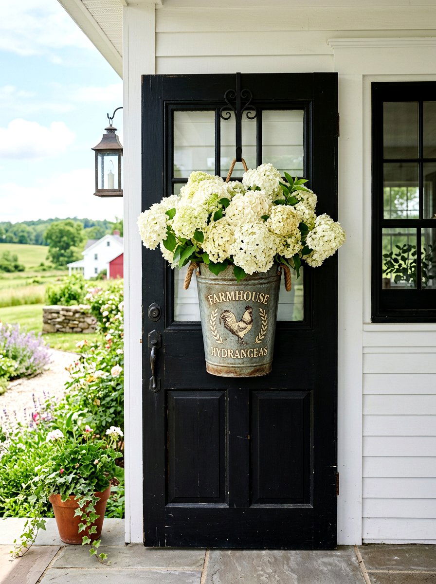 Farmhouse bucket with hydrangeas - 25 Spring Flower Bucket Door Ideas