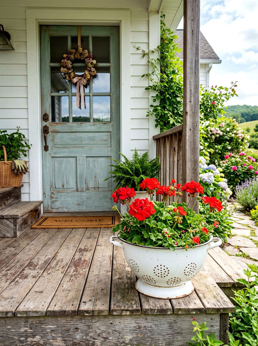 Farmhouse colander porch decor - 25 Spring Colander Planter Ideas