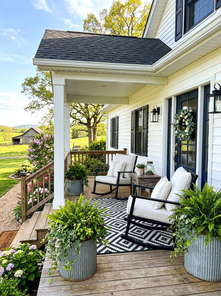 Farmhouse front porch seating - 25 Spring Modern Farmhouse Decor Ideas