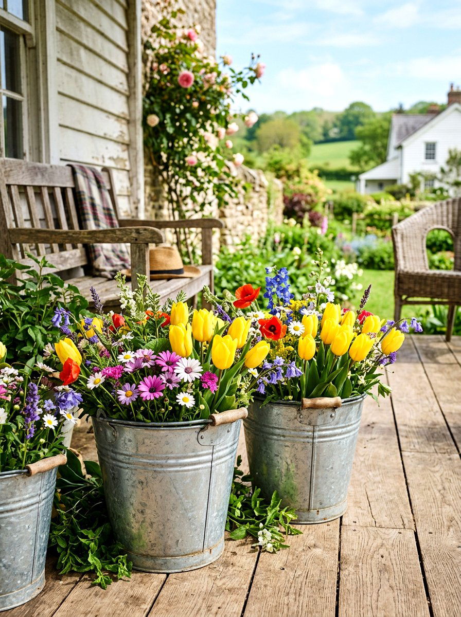 Farmhouse galvanized bucket planters - 25 Spring Porch Flower Pot Ideas