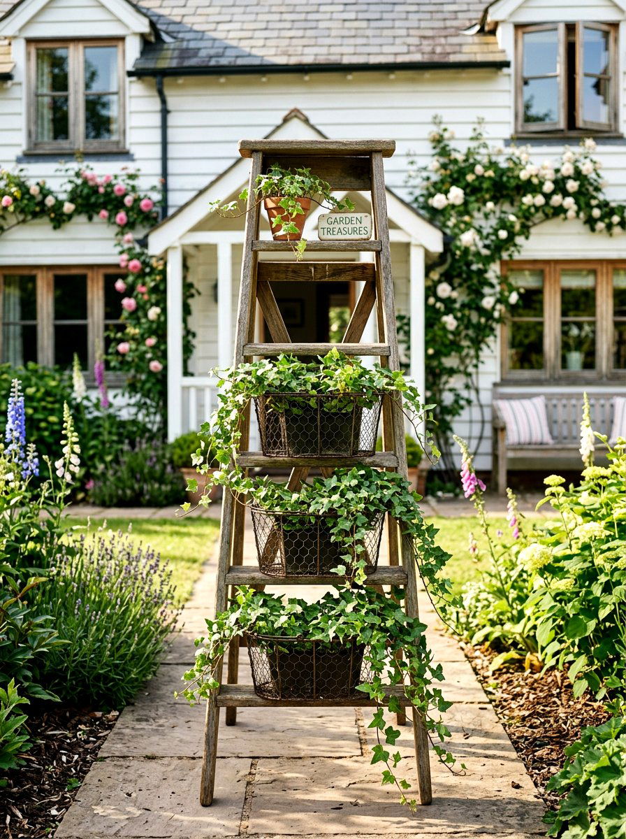 Farmhouse ladder plant holder - 25 Spring Outdoor Ladder Decor Ideas