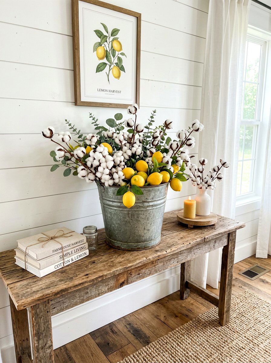 Farmhouse lemon and cotton stems - 25 Spring Lemon Centerpiece Ideas