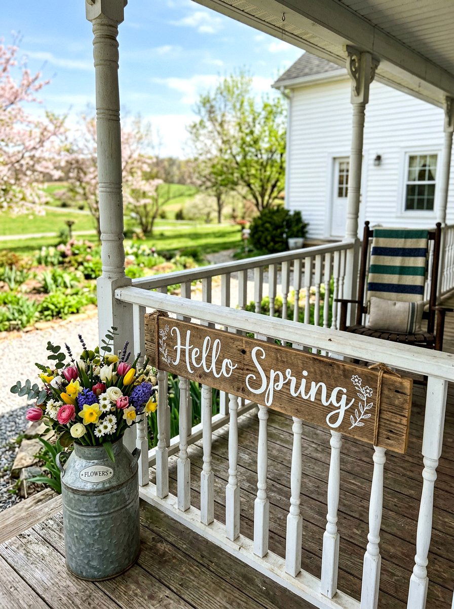 Farmhouse sign for porch railing - 25 Spring Porch Railing Decor Ideas