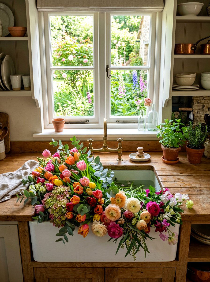 Farmhouse sink flower - 25 Spring Southern Decor Ideas