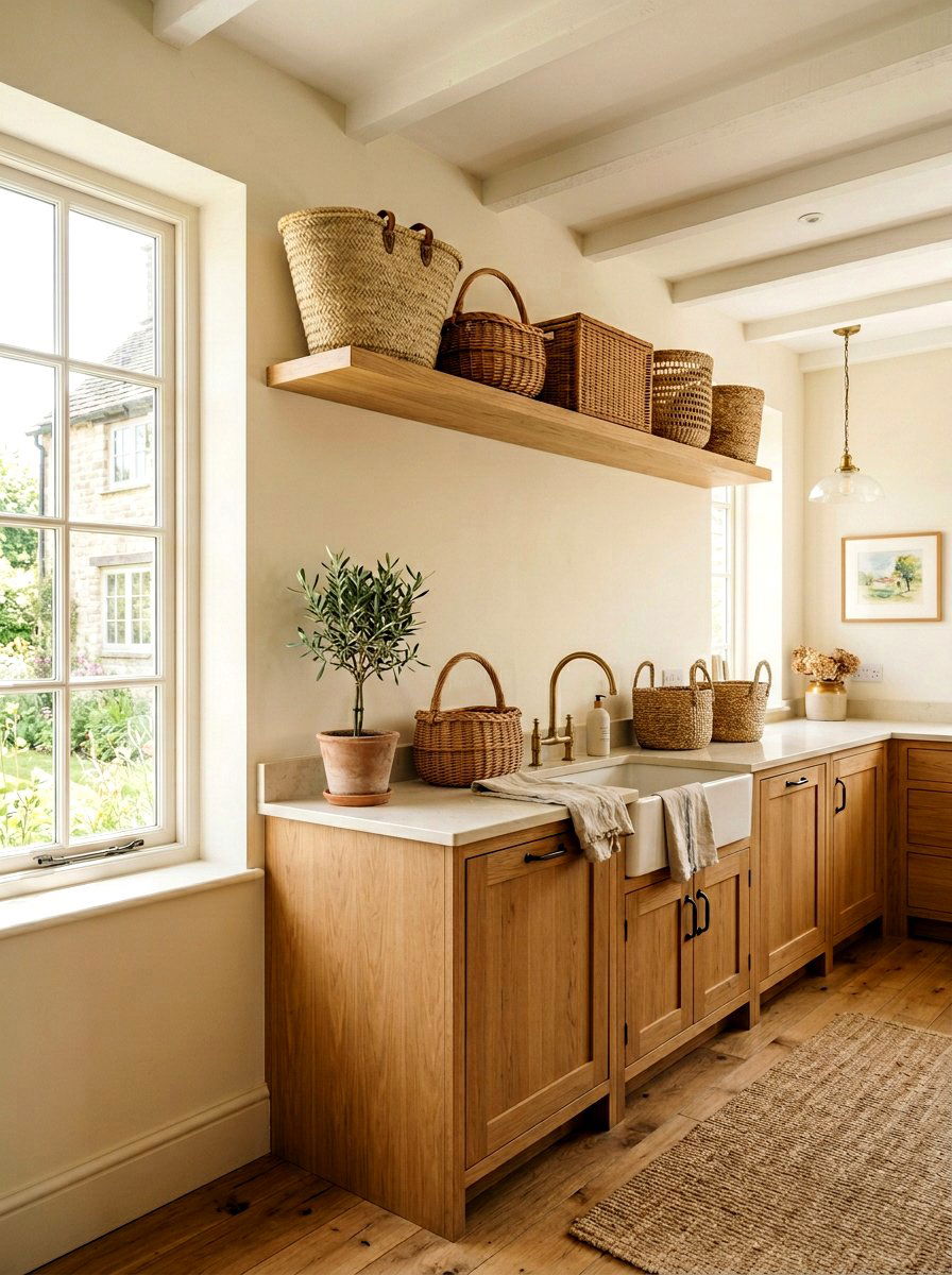 Farmhouse wicker baskets - 25 Spring Above Cabinet Decor Ideas