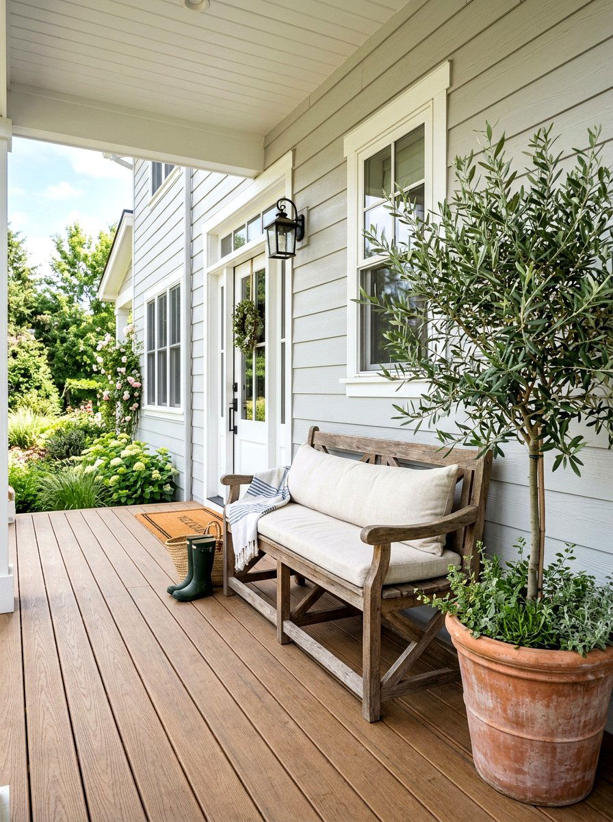 Farmhouse wooden bench - 25 Spring Back Porch Decor Ideas
