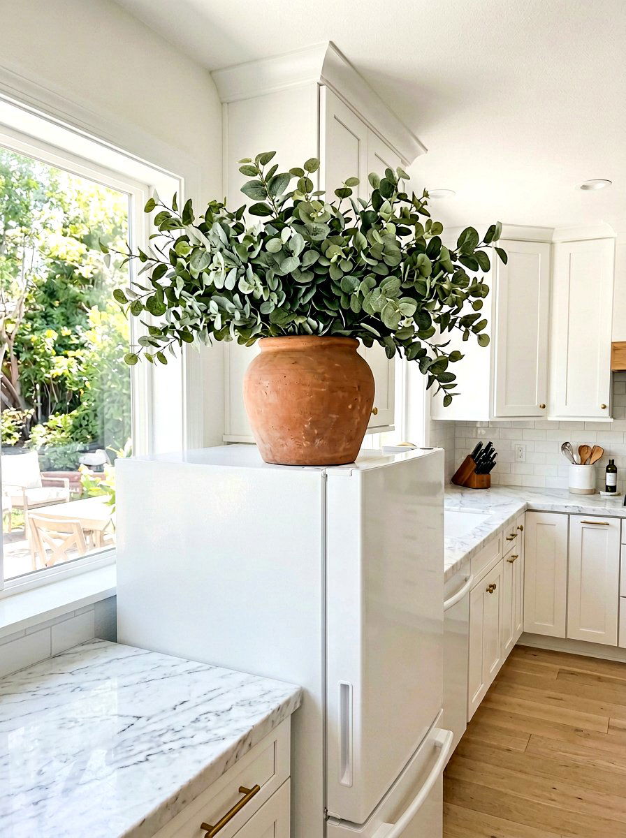 Faux Eucalyptus Pot - 25 Spring Refrigerator Top Decor Ideas