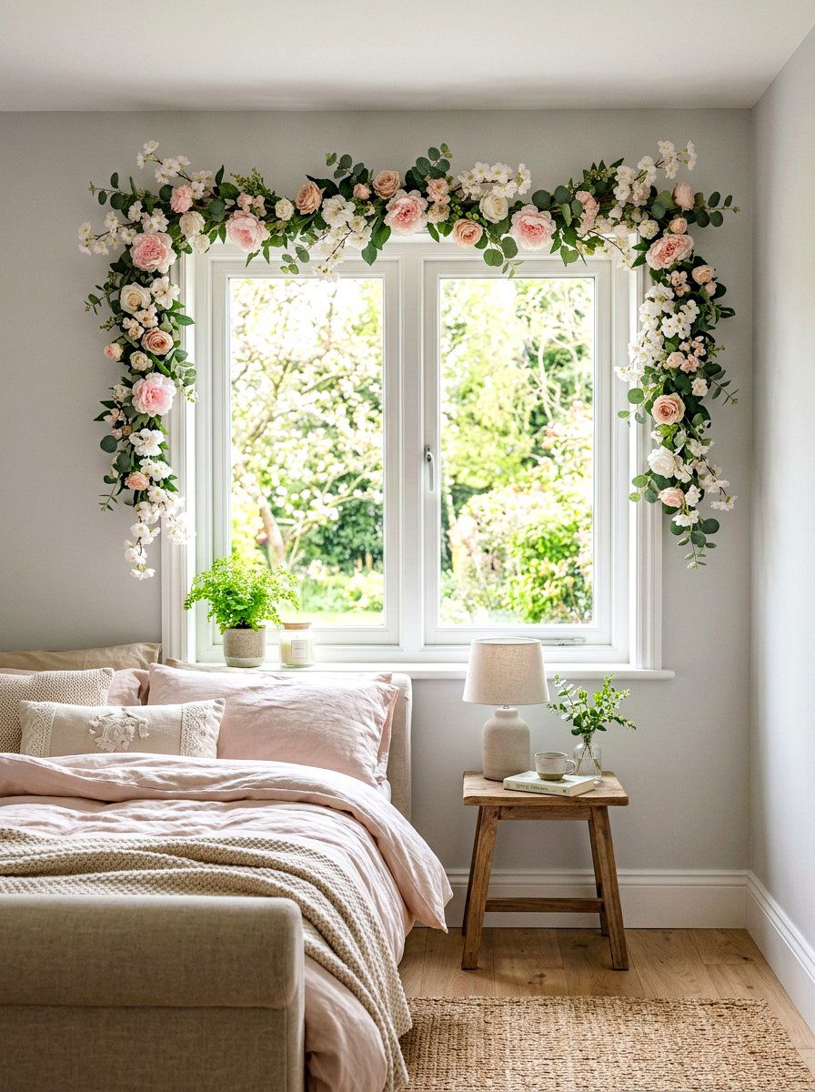 Faux Flower Garland Window - 25 Spring Window Frame Decor Ideas