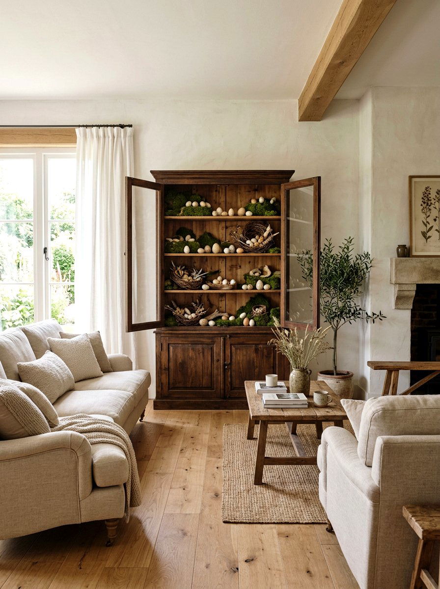 Faux Moss And Nests - 25 Spring Curio Cabinet Ideas