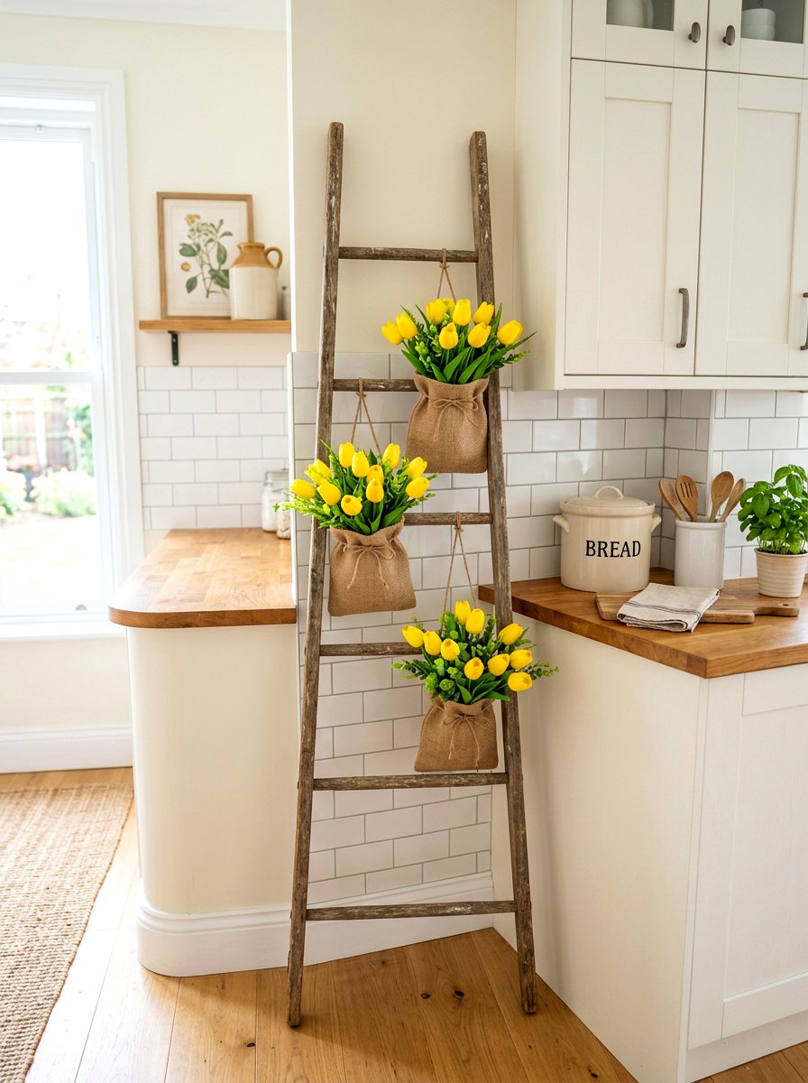 Faux Tulip Arrangement - 25 Spring Blanket Ladder Decor Ideas