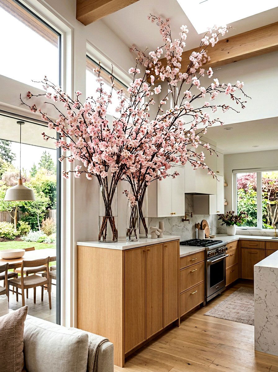 Faux cherry blossom stems - 25 Spring Above Cabinet Decor Ideas