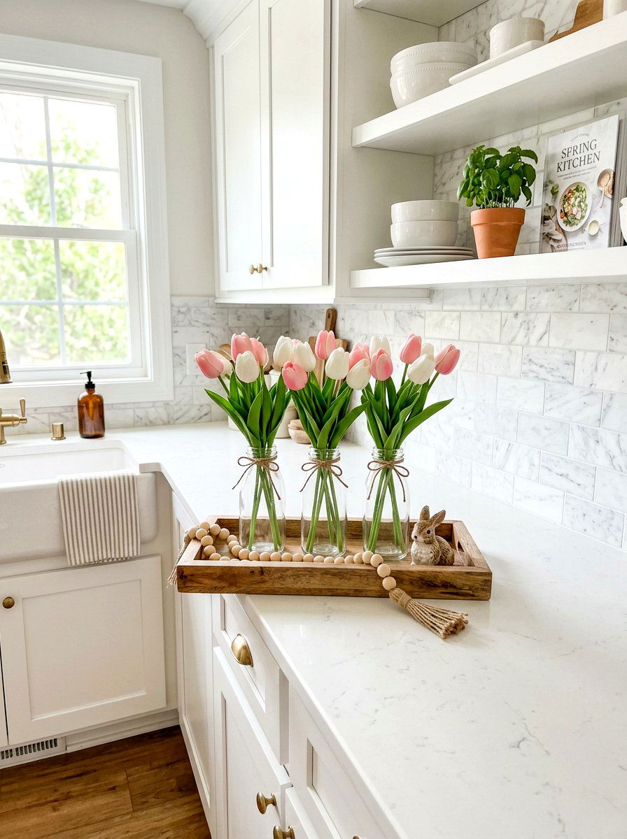 Faux tulip spring kitchen decor - 25 Spring Farmhouse Tiered Tray Ideas