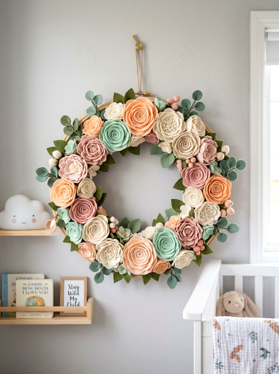 Felt Flower Wreath - 25 Spring Embroidery Hoop Decor Ideas