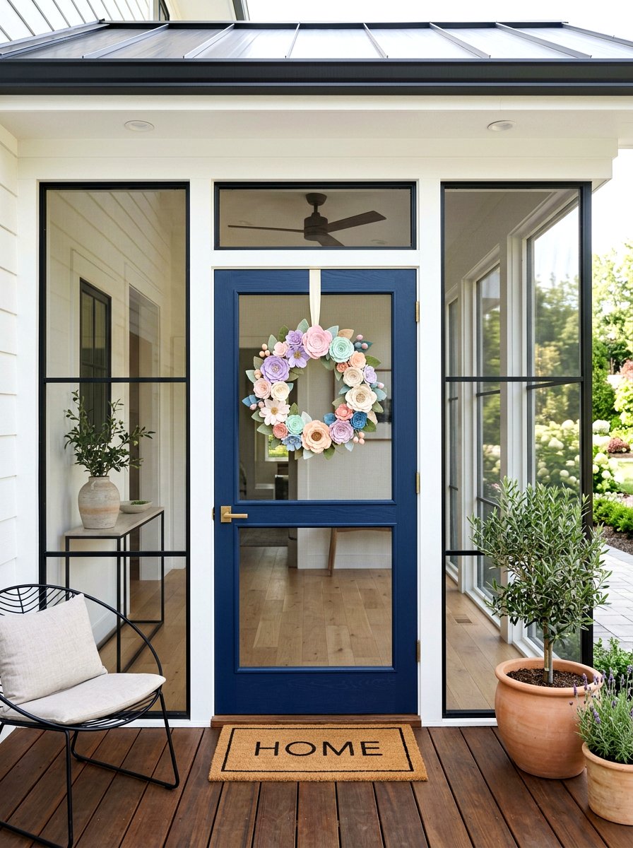 Felt flower door wreath - 25 Spring Screen Door Decor Ideas
