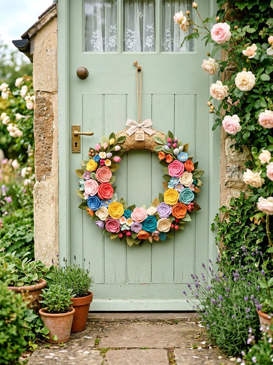 Felt flower wreath - 25 Spring Wreath Craft Ideas