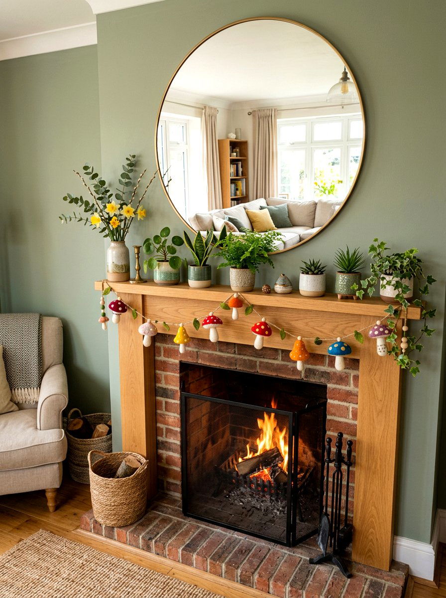 Felt mushroom garland fireplace - 25 Spring Mushroom Decor Ideas