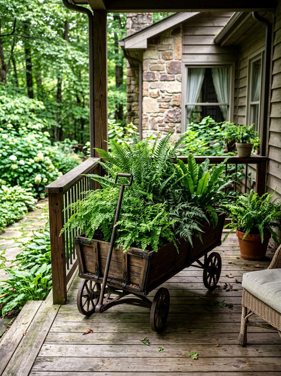 Fern Foliage Wagon - 25 Spring Porch Wagon Decor Ideas
