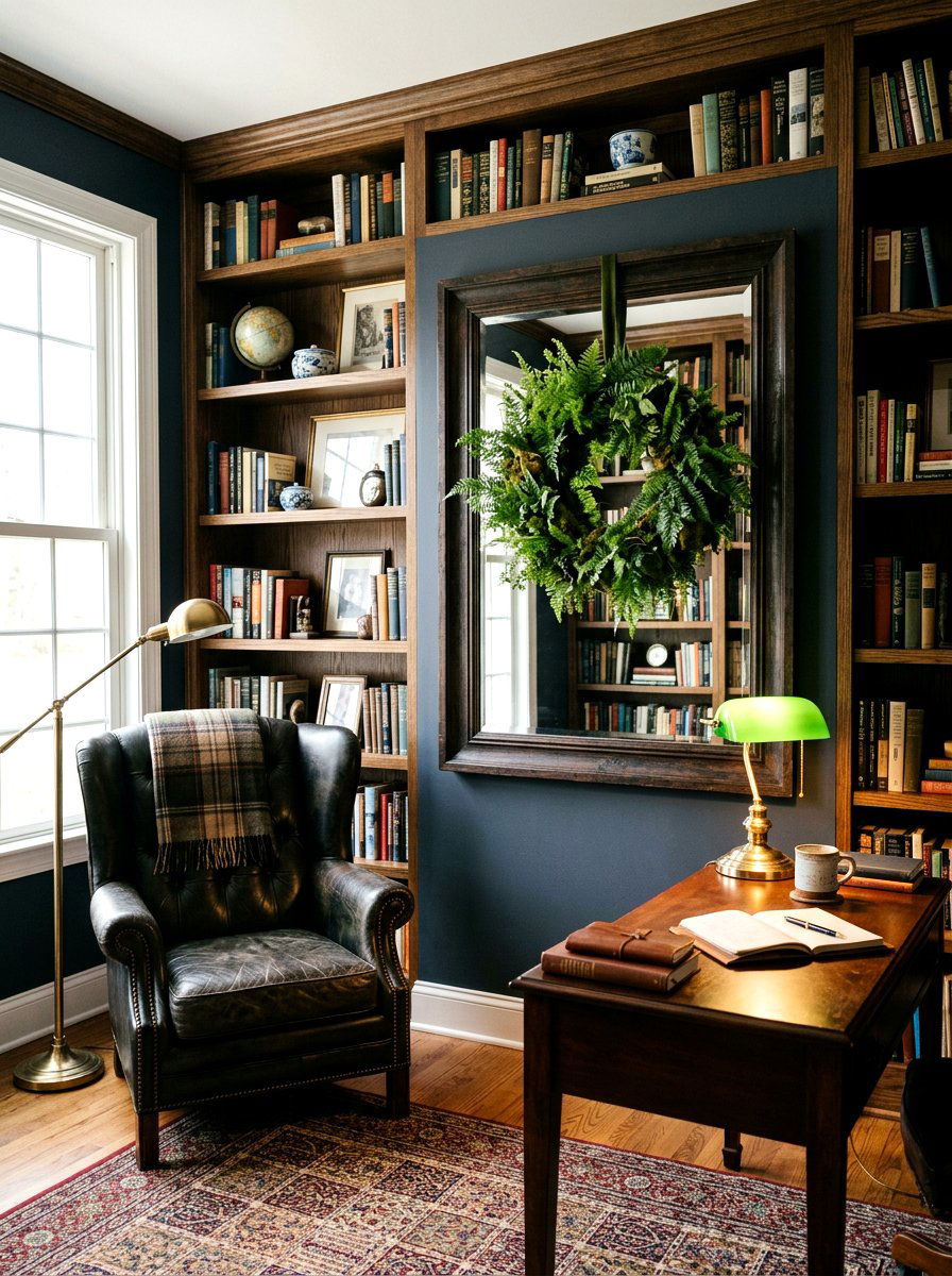 Fern wreath on dark frame mirror - 25 Spring Wreath on Mirror Ideas