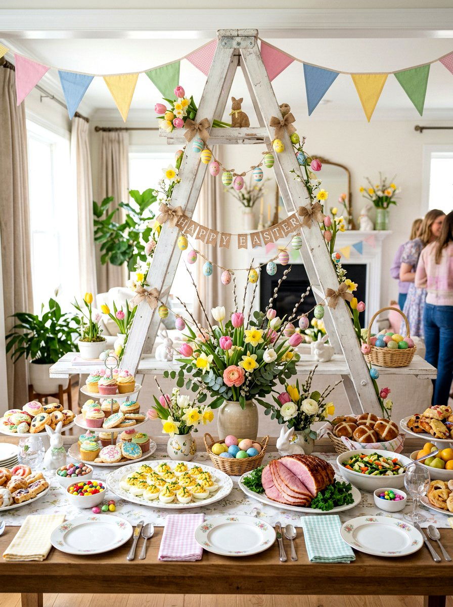 Festive Easter Buffet Backdrop - 25 Spring Ladder Decor Ideas