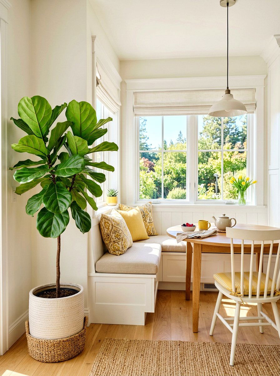 Fiddle Leaf Fig In Sunfilled Breakfast Nook - 25 Spring Fiddle Leaf Fig Styling Ideas