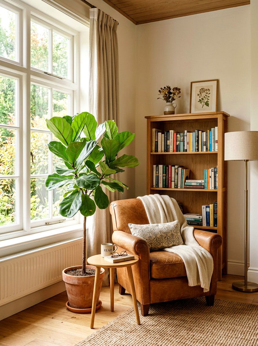 Fiddle Leaf Fig Near Reading Chair Nook - 25 Spring Fiddle Leaf Fig Styling Ideas