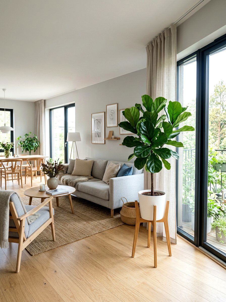 Fiddle Leaf Fig On Wooden Plant Stand - 25 Spring Fiddle Leaf Fig Styling Ideas